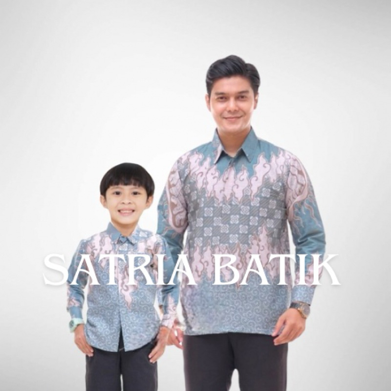 Kemeja Batik Couple Dewasa Ayah dan Anak Laki Saroja Mega Mendung Hijau Wardah Lengan Panjang Katun 