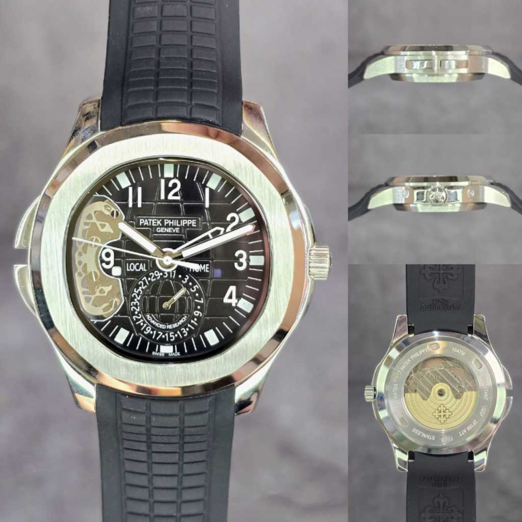 Jam Tangan Patek Philippe Aquanut Trevel Time Skeleton 41mm Tali Rubber Japan Automatic Black Dial