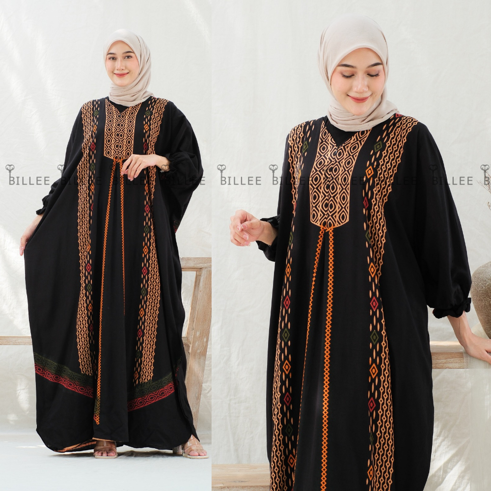 BILLEE Dress Gamis Kaftan Warna Hitam | Kaftan Batik Semi Cap | Kaftan Pakaian Muslim Wanita