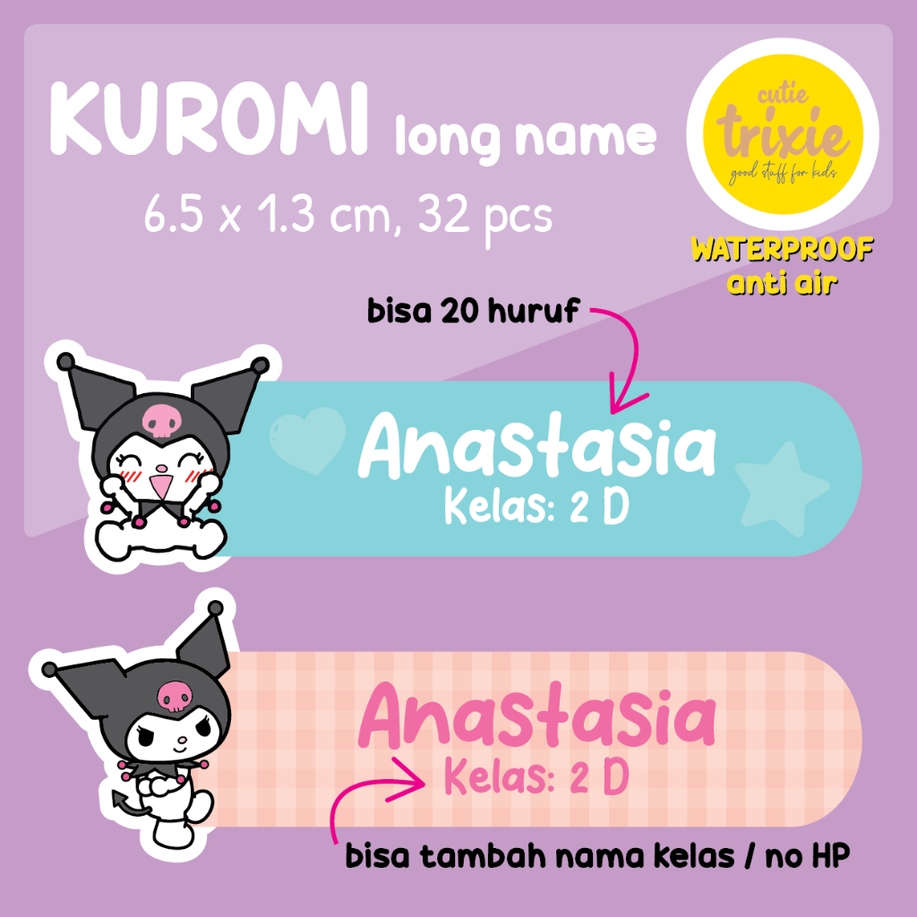 

Sticker label nama anak waterproof Kuromi long name