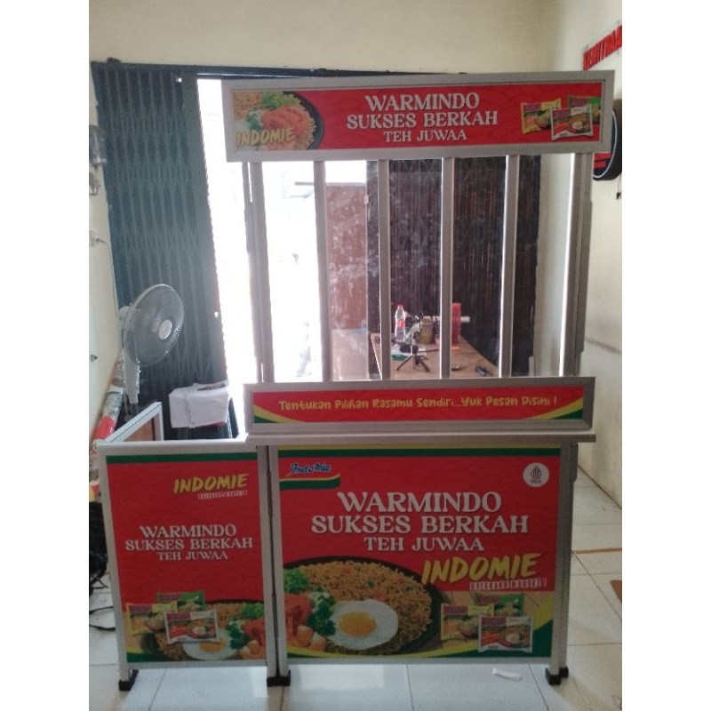 Booth Portable Meja Lipat Rombong Warmindo gabungan dengan Meja Kompor 1 tungku dapat dilipat bahan 