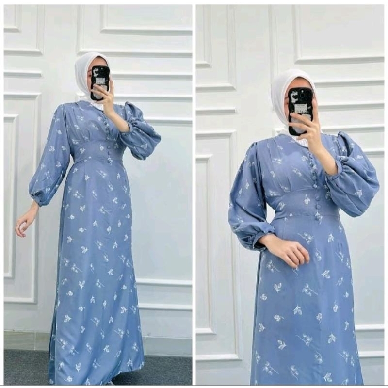 Gamis duyung motif tulip warna denim biru