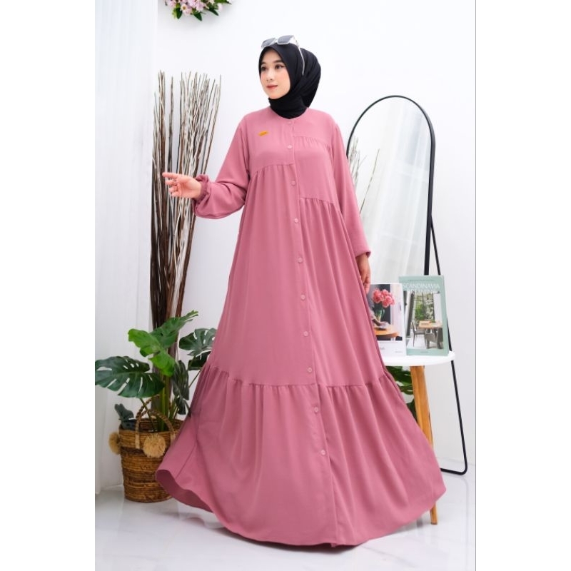Ayumi Dress Gamis Wanita Bahan Crinkle Airlfow Susun Full Kancing