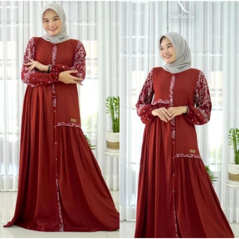 Gamis Nadheefa Maroon kombinasi  motif etnik