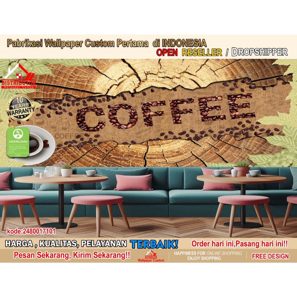 Wallpaper Dinding Custom 3D Tema Coffee | Coffee Shop | Cafe | Kafe | Restoran | Wallpaper Custom | 