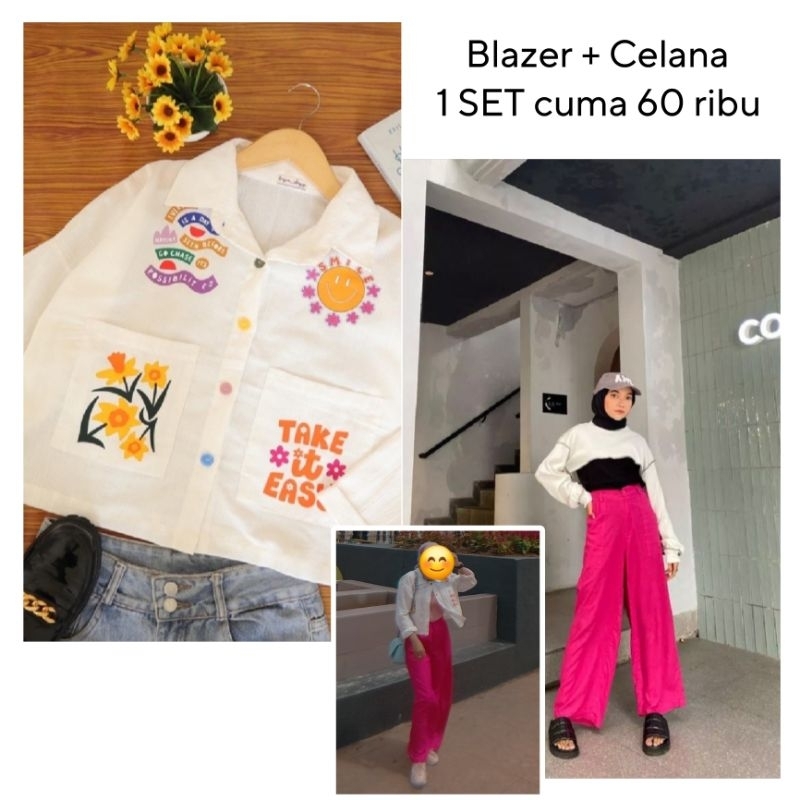 Set Blazer Celana Loose Pants Trousers Wanita - Celana anti kusut Kulot  Highwaist  Premium Preloved