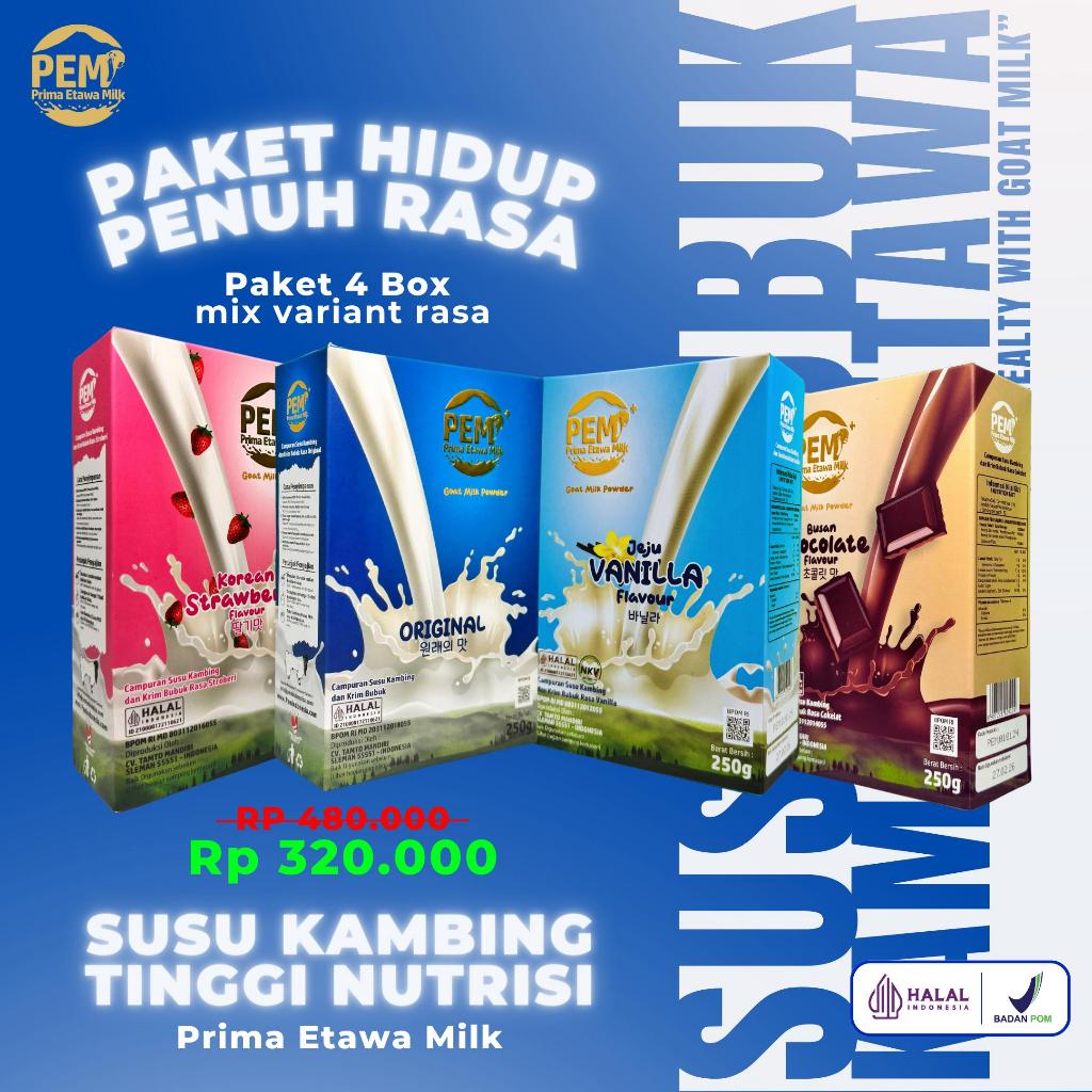 

PAKET HIDUP PENUH RASA!!!!! | Prima Etawa Milk Susu Kambing Premium - Rasa Strawberry, Rasa Cokelat, Rasa Vanilla, dan Original.