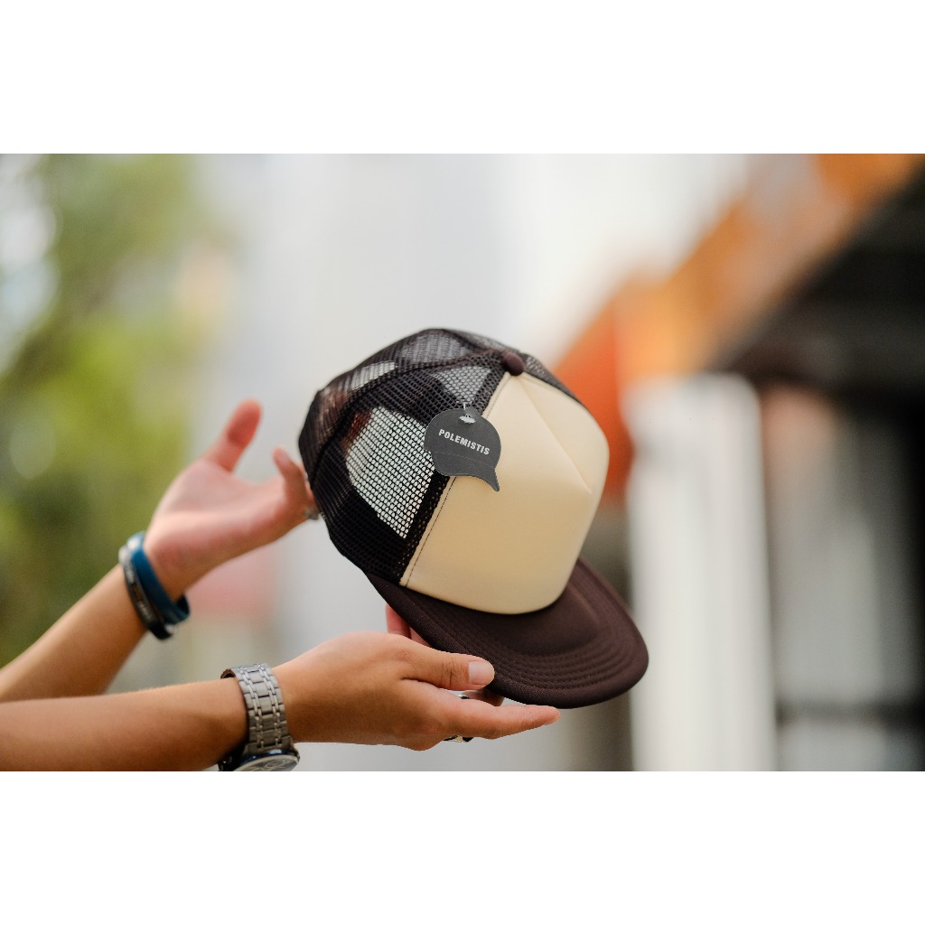 TOPI JARING POLOS DATAR PREMIUM COKLAT KREM COKLAT POLEMISTIS Bahan tebal jahitan rapih