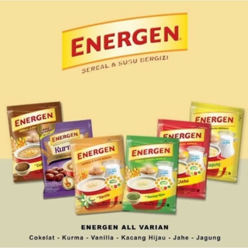 

Energen susu cereal sachet isi 10 dan 5 variant coklat, vanilla, kacang hijau, jahe, dan kurma.