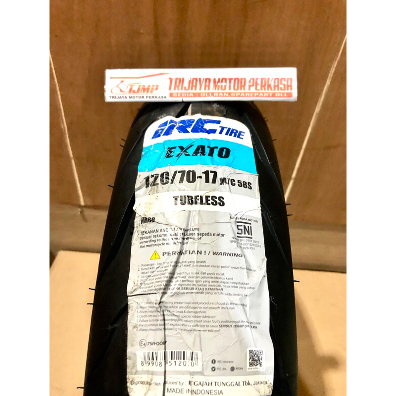 BAN LUAR IRC 120/70-17 TUBELESS EXATO, M/C 58S 100% ORIGINAL