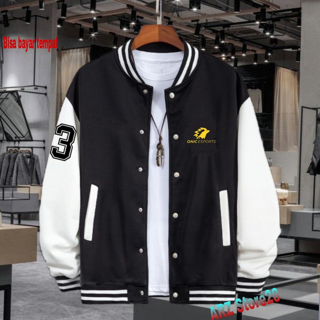 Terlaris !!! Free Jaket Varsity Kancing  Text Gold Onic Esports 3 Hitam   Sweater Distro Terbaru Hoo