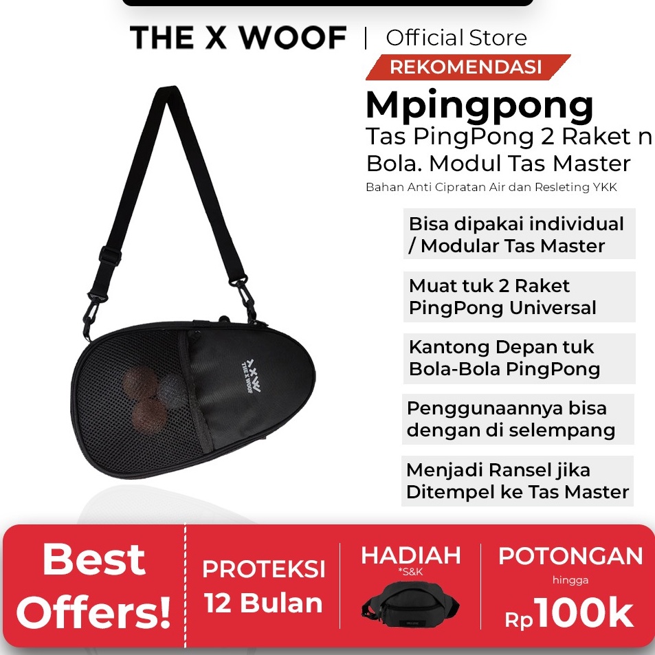 Cuci Gudang  Tas Pingpong Tenis Meja 2 Bet Bat Raket The X Woof Mpingpong