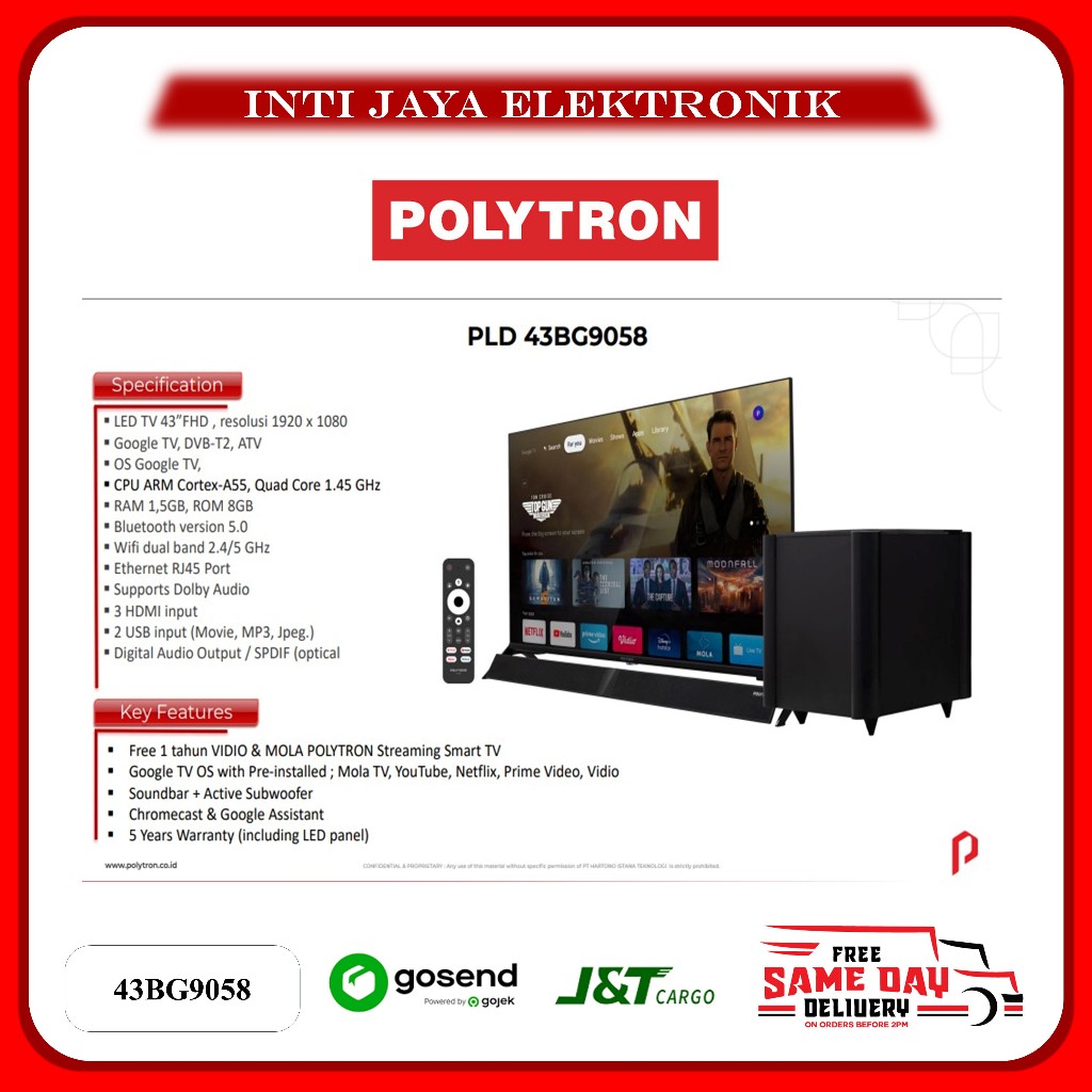 TV POLYTRON 43 INCH GOOGLE TV 43BAG9500 CINEMAX SOUNDBAR ANDROID DIGITAL POLYTRON TV PLD 43BAG9500 4