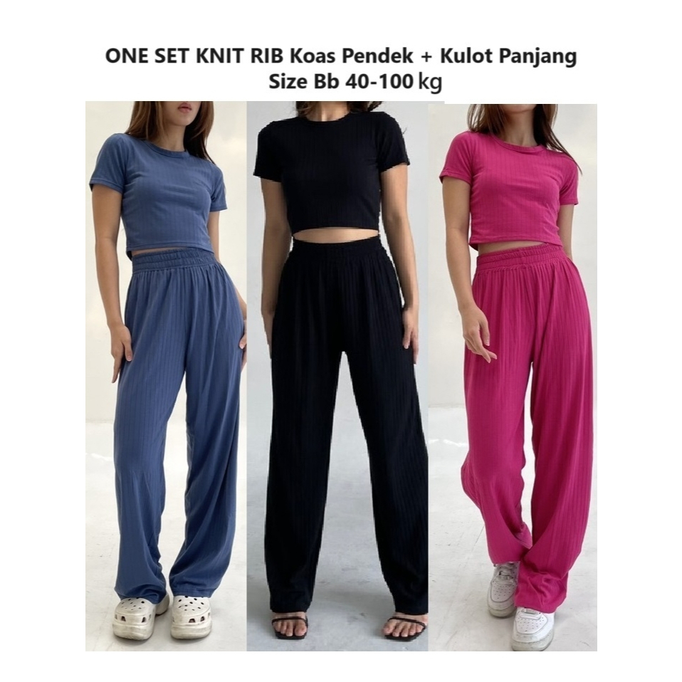 ONE SET CROP LOOSPANT SETELAN WANITA BAHAN KNIT HORNET
