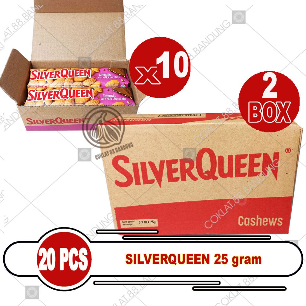 

SILVERQUEEN 22GR 2 BOX ISI 20 PCS ex 25gr, COKLAT SILVERQUEEN 1 BOX 10 X 2 X 22 GR ALMOND CASHEW