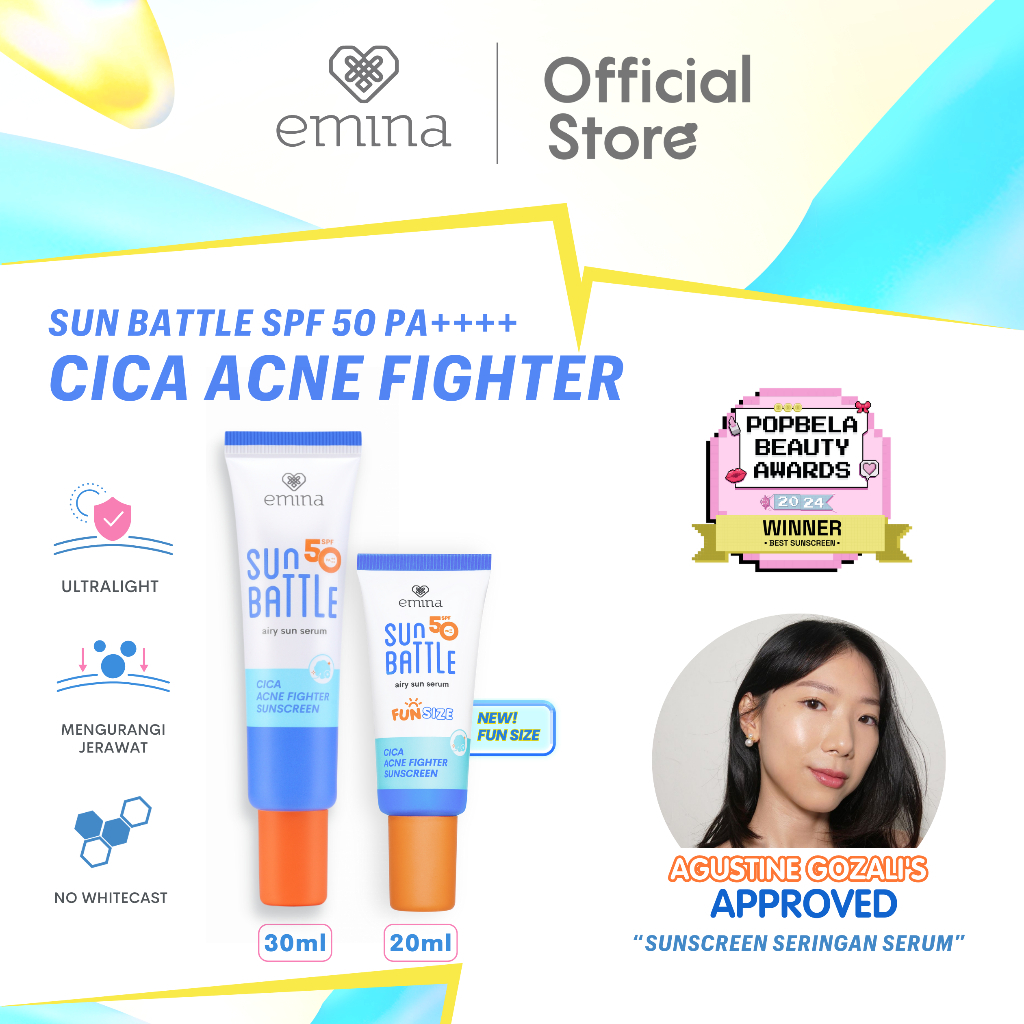 MFI - Emina Sun Battle Spf 50 Pa++++ Airy Sun Serum Cica Acne Fighter Sunscreen | Netto 30ml & 20ml