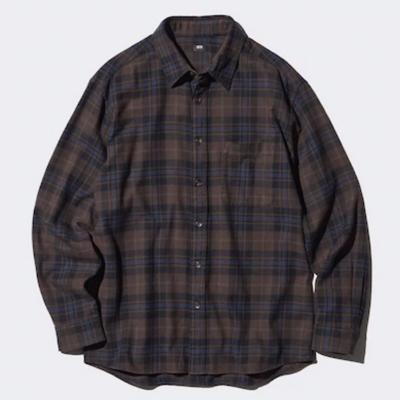 UNIQLO Men Shirt Kemeja Flannel Kotak Pria Lengan Panjang Flanel Dark Brown