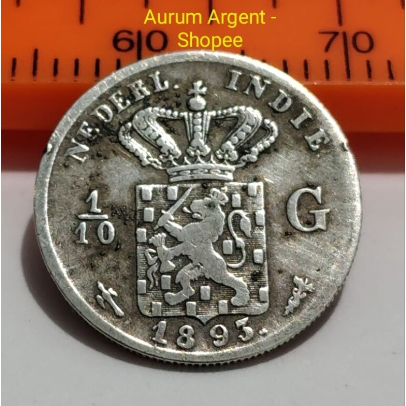 SKK.7-- 1 PC KOIN PERAK KUNO ASLI 1/10 GULDEN NEDERL INDIE TH 1893. -- SILVER COIN --