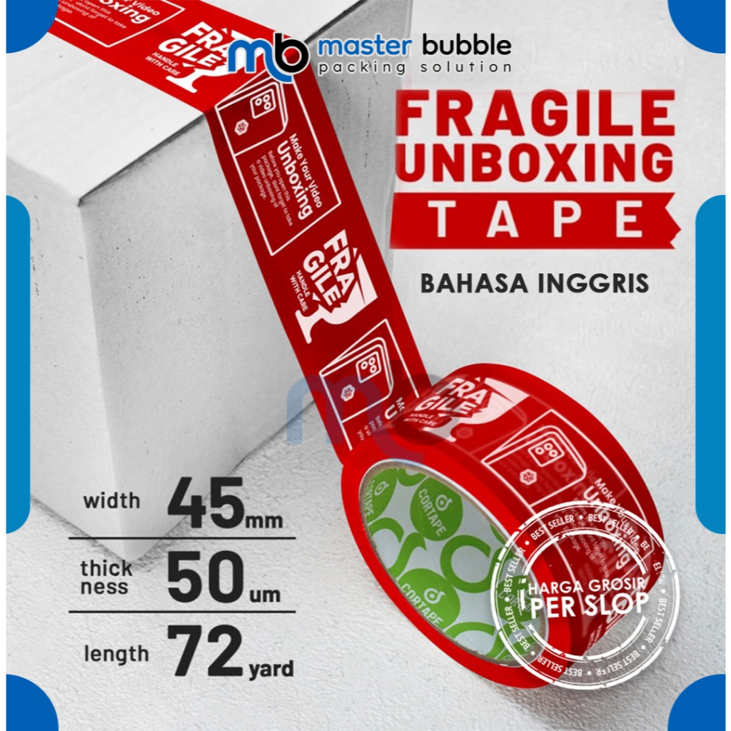 

Lakban Unboxing Inggris 2inch 45mm x 72yard Harga PER-SLOP 6 Roll Ekonomis Murah