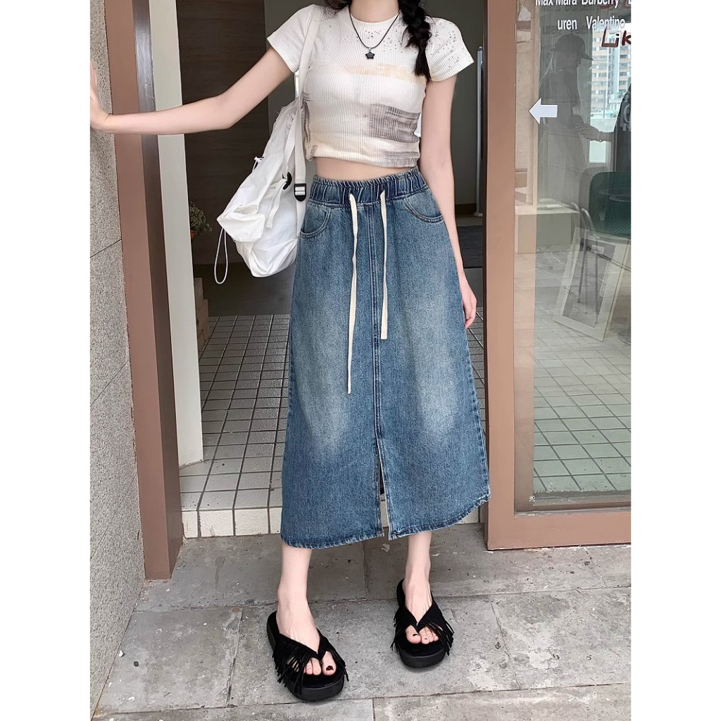 Keygirl Rok kekinian new karet jeans rok split depan fashion kasual midi denim SKIRT highwaist jumbo