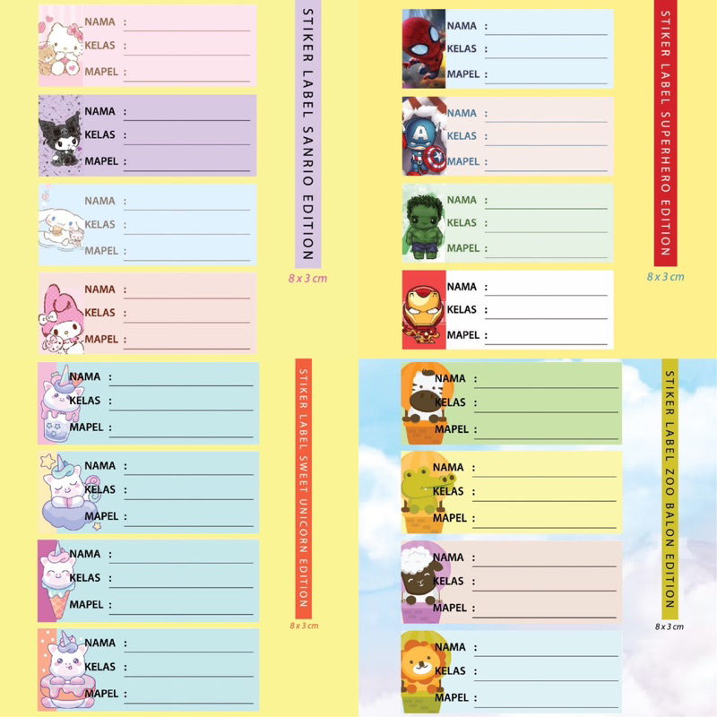 

STIKER LABEL MATA PELAJARAN ANAK SEKOLAH LABEL STICKER MAPEL BUKU TULIS HELLO KITTY KORUMI CIINNAMOROLL CINAMOROL MELODY SUPER HERO SPIDERMAN IRON MAN ANIMAL UNICORN KUDA PONY LITTLE