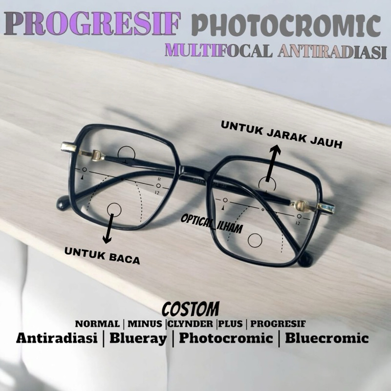 Kacamata Progresif Pria/Wanita | Kacamata Baca Plus Jalan | Frame Kacamata Progresif Blueray/Photoch