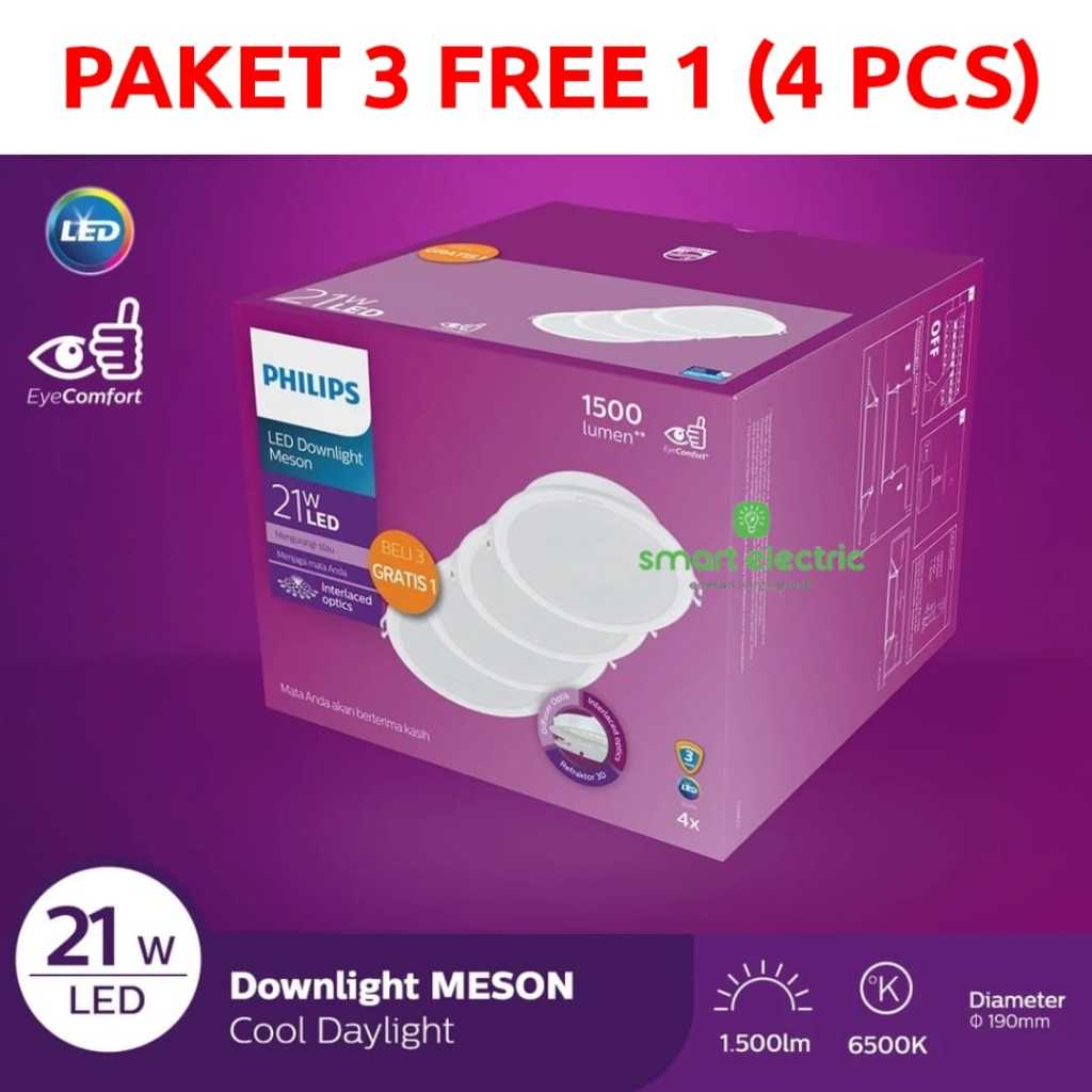 Philips Meson 21 Watt Paket 3 Free 1 Lampu LED Downlight Tanam Plafon Terang