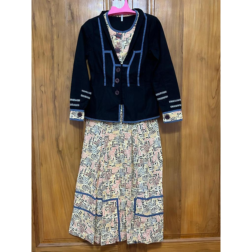 Preloved Tunneca tunik ori long dress muslim - warna hitam motif putih (bekas/second)