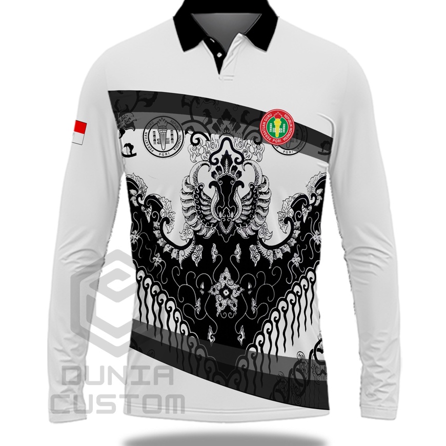 FG2 Kaos Baju Polo Pria Motif Batik PGRI Lengan Panjang Fullprint