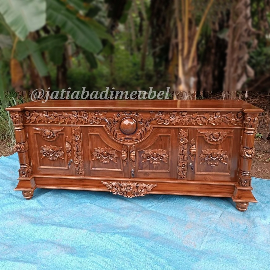 Bufet Meja Tv Ukir Model Bulan Kayu Jati, Buffet Rak Tv Ukiran Jati, Kabinet Tv Ukiran Kayu Jati