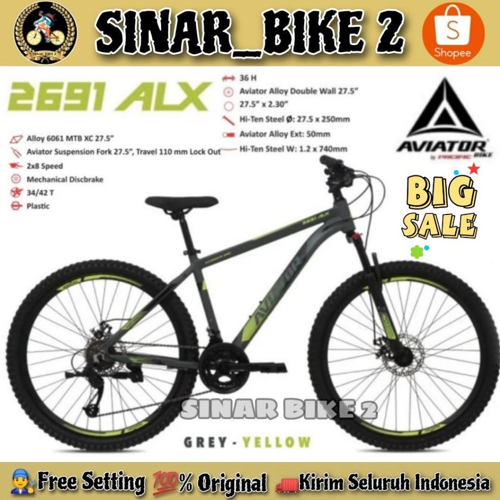 Sepeda Gunung MTB AVIATOR AT 2691 ALX Alloy Ukuran 27,5 Inch Disc Brake
