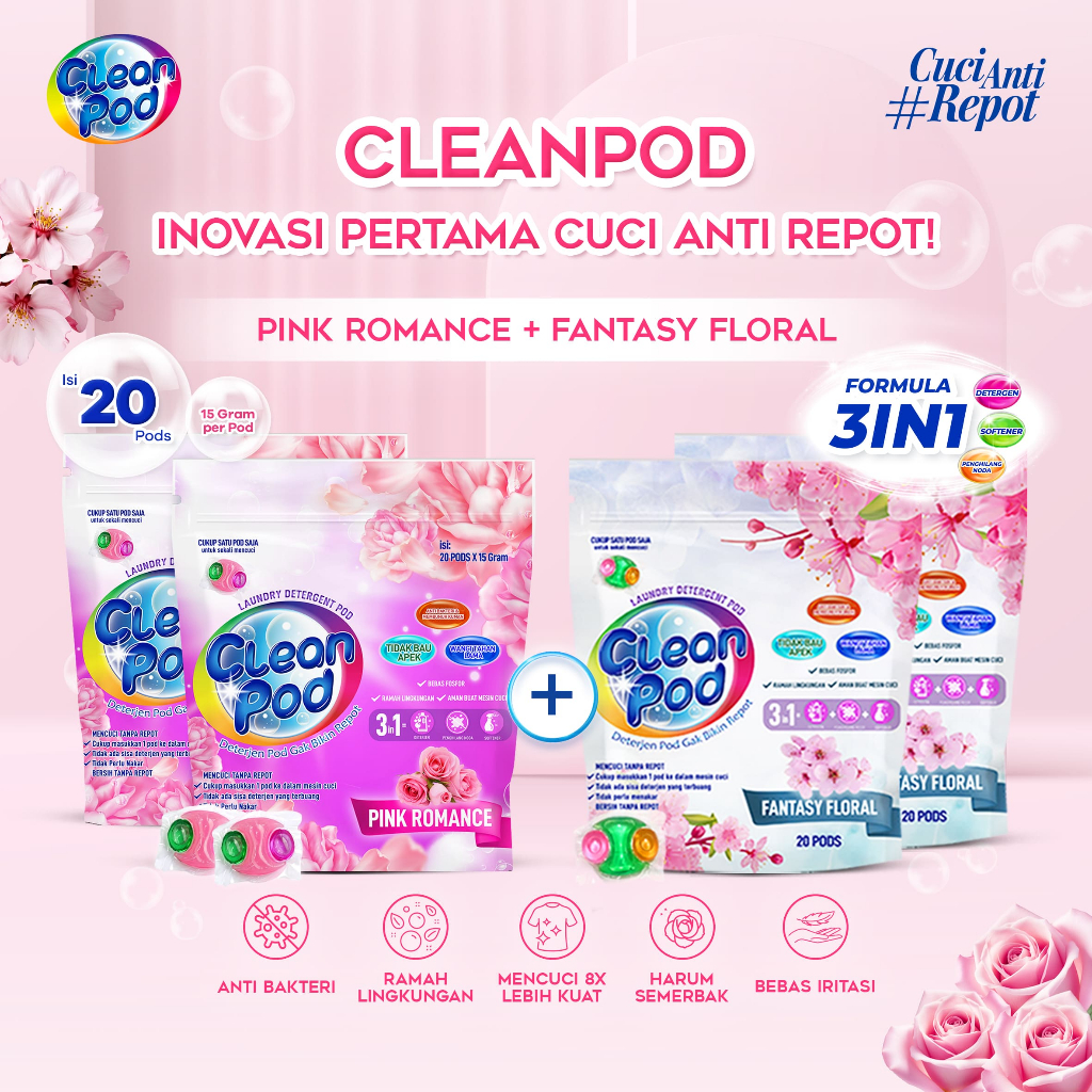 2 CleanPod Fantasy Floral + 2 CleanPod Pink Romance Scent Laundry Pod Detergent (1 Pack isi 20 Pods)