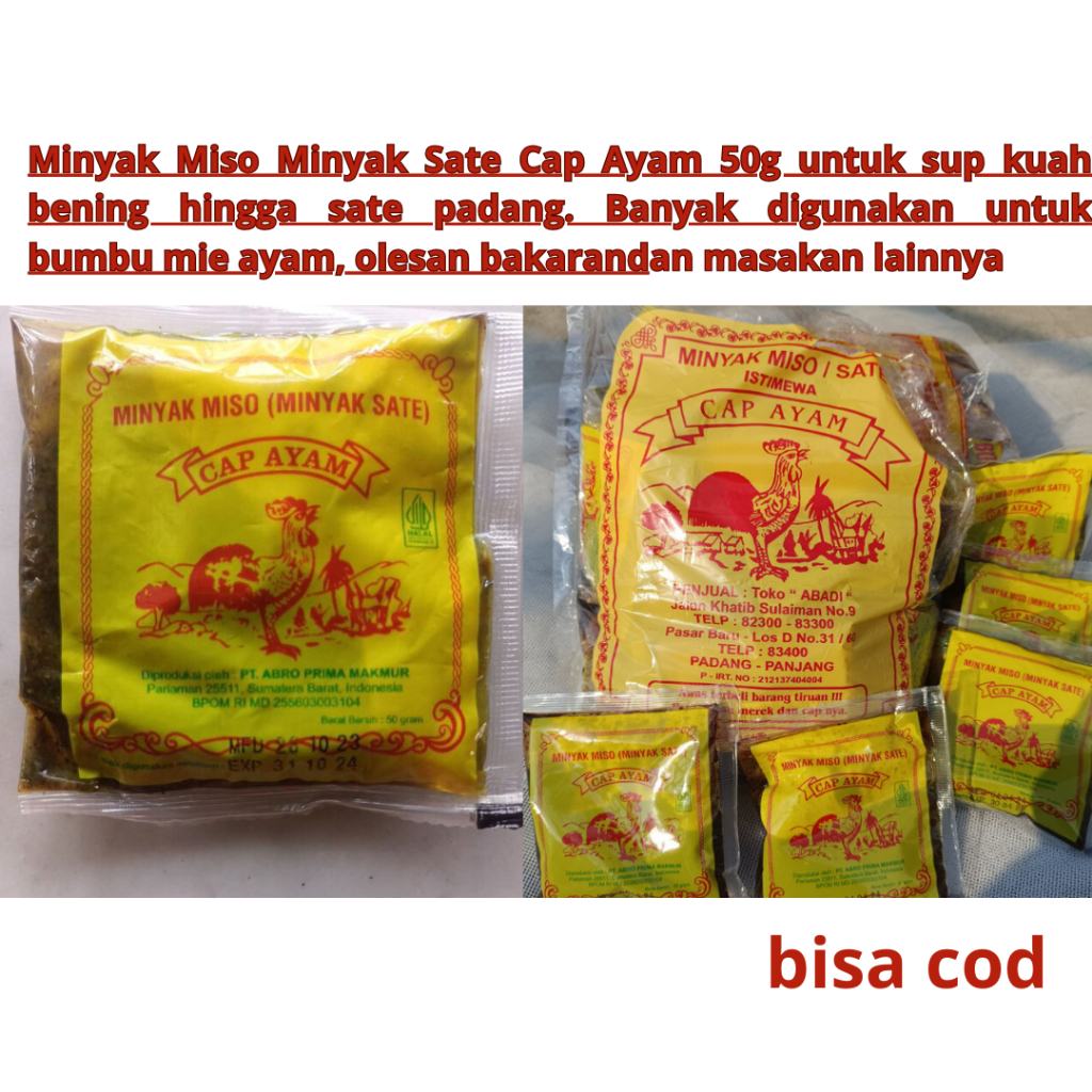 

Minyak Miso Minyak Sate Cap Ayam 50g untuk sup kuah bening hingga sate padang. Banyak digunakan untuk bumbu mie ayam, olesan bakarandan masakan lainnya