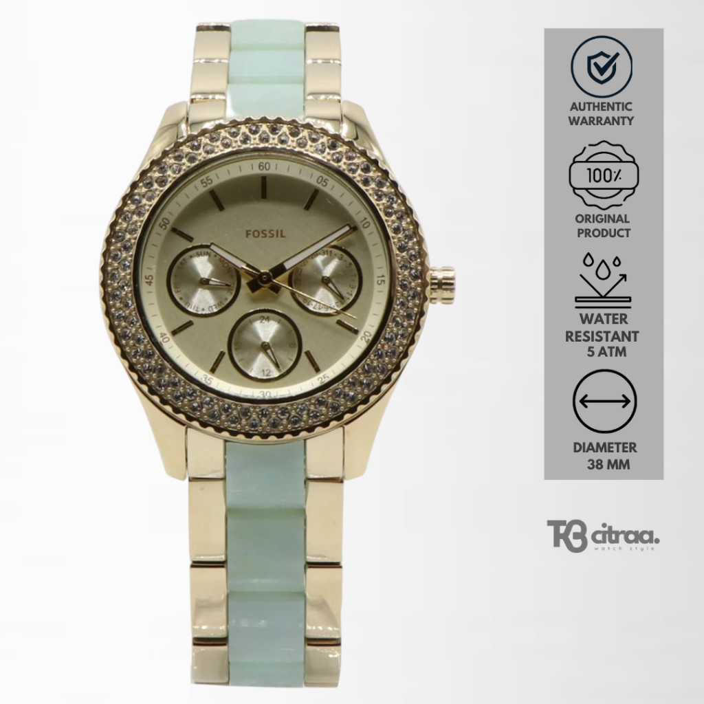 jam tangan fashion wanita fossil ladies stella analog strap rantai cewek chronograph day date stainl