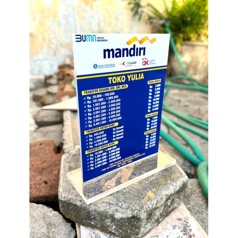 

BAHAN TEBAL AKRILIK MEJA DAFTAR TARIF ADMIN AGEN BANK MANDIRI BISA CUSTOM UKURAN 15x20