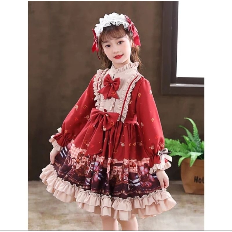 Dress anak lolita katun lengan panjang maroon Usia 9 tahun