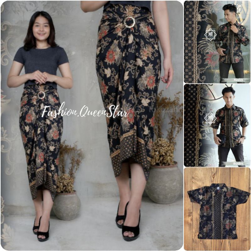 Couple Rok Plisket Dan Lilit Jumbo Set Kemeja Batik Pria / Baju Batik Couple Motif Azalea Hitam / Co