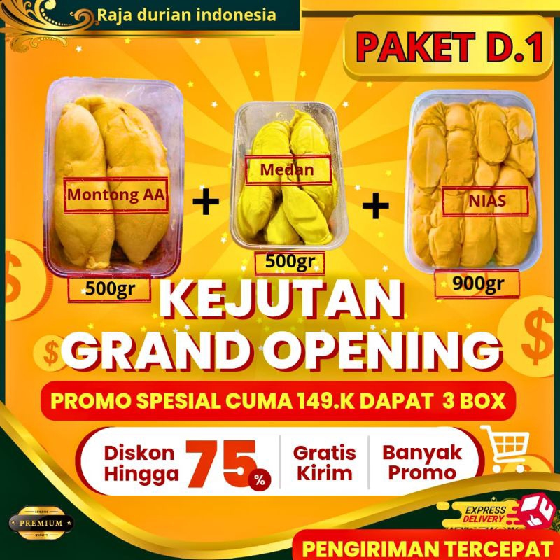 

Durian Kupas/PAKET D1 Durian Montong king + durian kupas Sibolga + durian kupas king 900gr PAKET HEMAT DURIAN