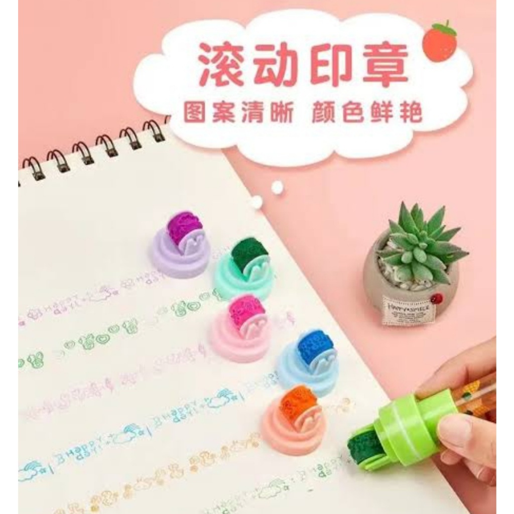 

Pena Warna 5IN1 Pendek + Roller Stamp Pulpen Warna Wani Cute