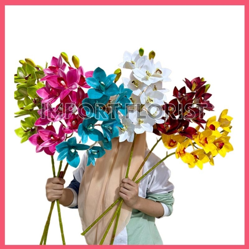 Cymbidium Anggrek Lateks Premium 3D Tebal Real Touch 10 Kuntum, Latex Artificial Dekorasi Orchid
