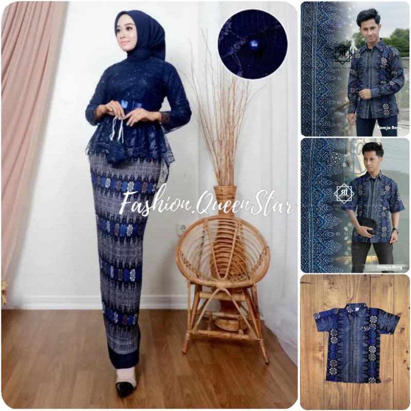 Setelan Baju Couple Blouse Aurora pita Set Rok Plisket Batik Pasangan Kemeja Batik Pria dan  Anak La