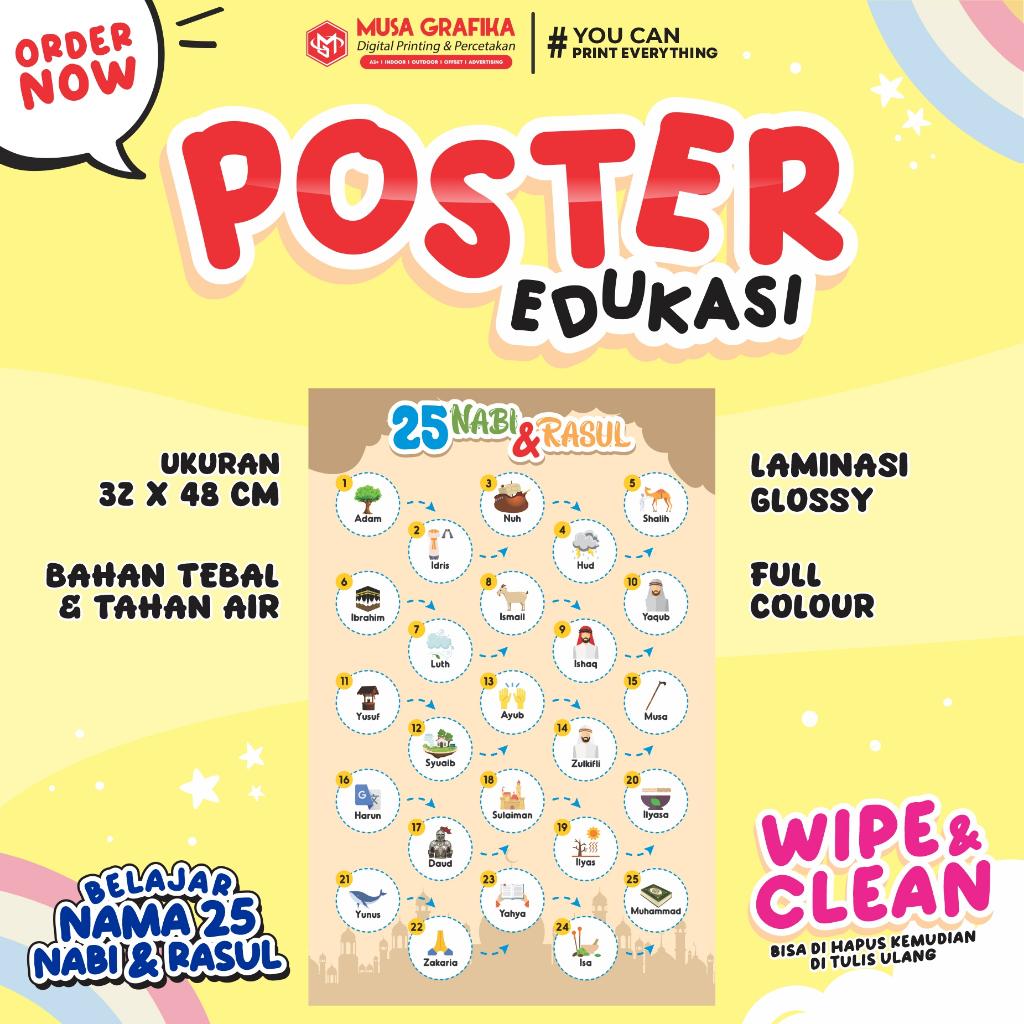 

Poster Edukasi Wipe Clean BELAJAR 25 NAMA NABI & RASUL - PAUD TK SD