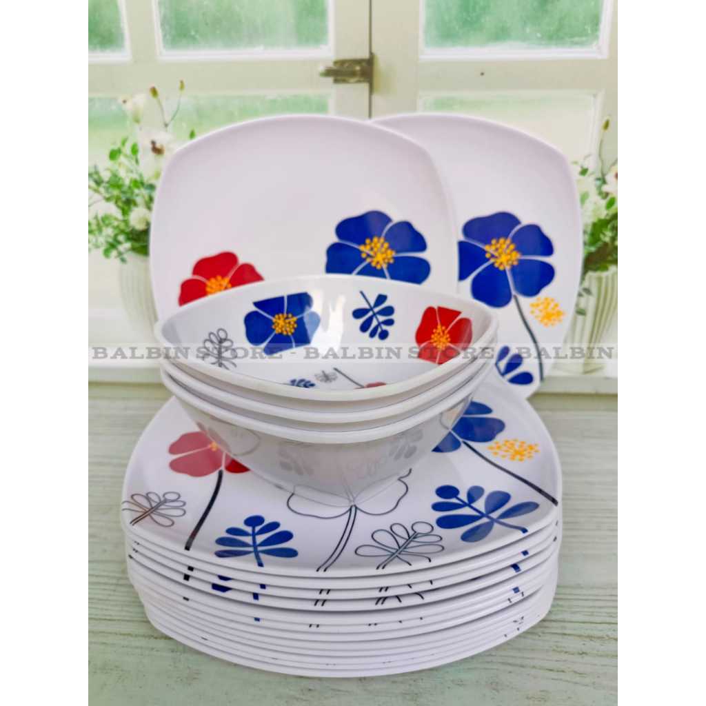 satu set gratis 1 pcs sendok isi 3 piring prasmanan lebar 23 cm dan 3 mangkuk ukuran 15 cm melamin