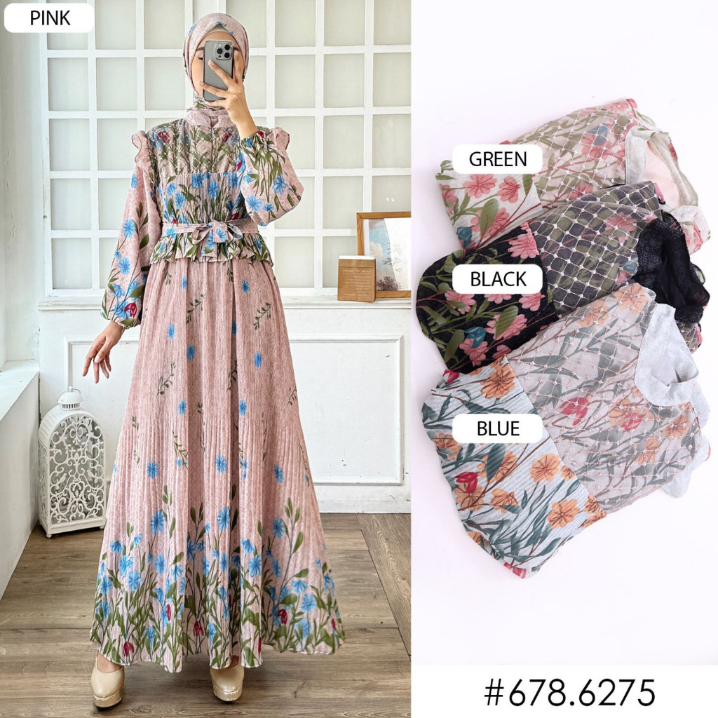 Busana Muslim Wanita Gamis Raya Set Hijab Ladies Motif Bunga Bahan Ceruti Mix Brukat Dengan Desain V