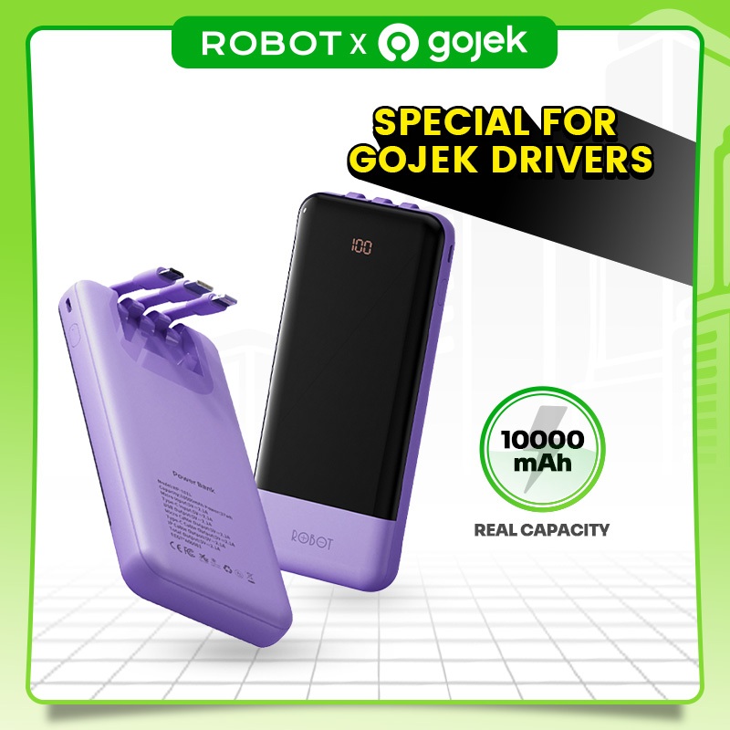 [ROBOT x GOJEK] Powerbank ROBOT 10000mAH RP-101L 2.1A Dengan 3 Kabel Type C Lightning Micro