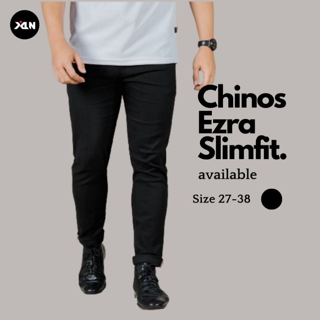 Celana Chino Pria Panjang Slim fit Casual Bahan Melar Dewasa Warna Hitam Ezra