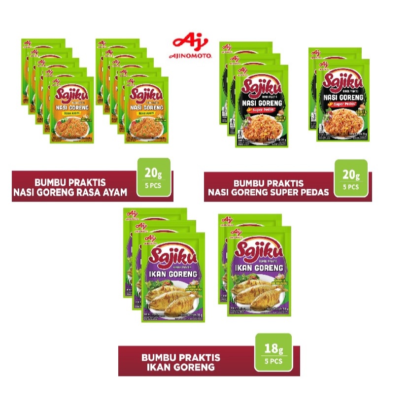

Sajiku Bumbu Praktis Ikan Goreng 18g (5 pcs) / SAJIKU Bumbu Praktis Nasi Goreng Super Pedas 20g (5 pcs) / Sajiku Bumbu Praktis Nasi Goreng Rasa Ayam 20g (5pcs)