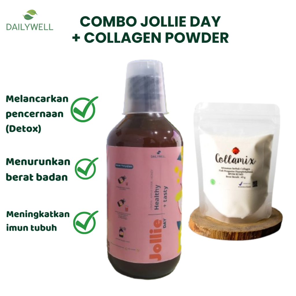 

Dailywell Combo Hemat Jollie Day & Ozora Collagen [Minuman Herbal sari lemon murni, Cuka apel dan Madu & Collagen Powder]