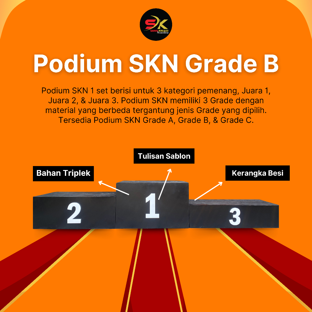 PODIUM JUARA SKN GRADE B | KERANGKA BESI | BAHAN TRIPLEK | TULISAN SABLON