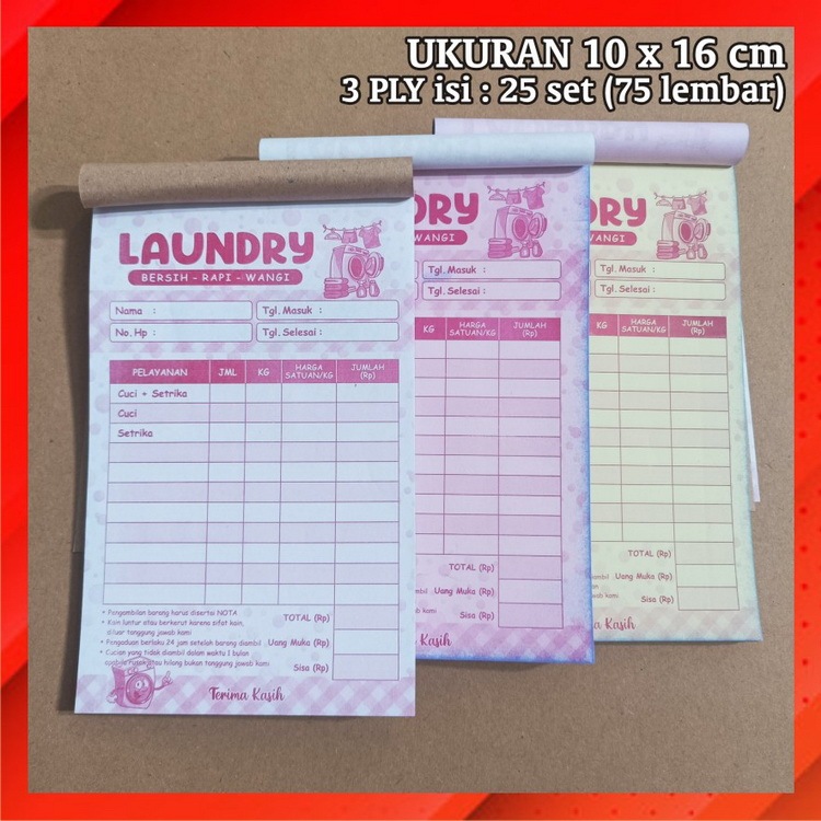 

Nota Laundry 3 Ply Ncr Tembusan Lapis Cetak Merah Satuan Pakaian Laundri Bon Kertas